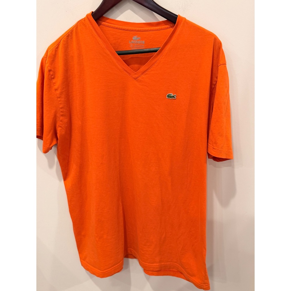 Lacoste Mens Orange V-Neck Pima Cotton T-Shirt Size 8 Short Sleeve Logo Tee